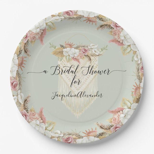 Pampas Grass Mint Floral Greenery Bridal Shower Paper Plate (Front)