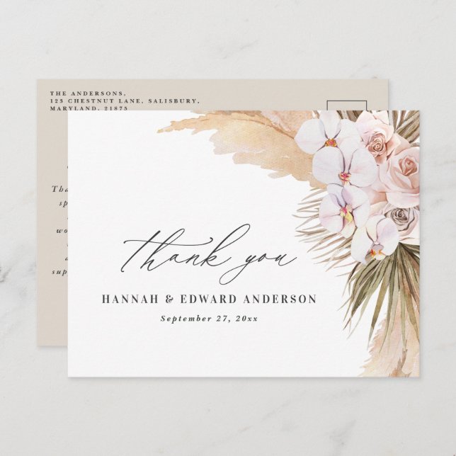 Pampas grass modern botanical bohemian wedding postcard (Front/Back)