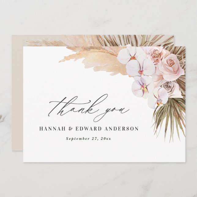Pampas grass modern botanical bohemian wedding thank you card (Front/Back)