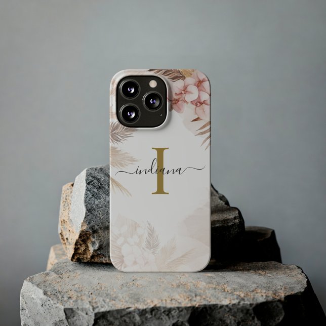 Pampas Grass Monogram Name Initial Terracotta Case-Mate iPhone Case (Pink Floral Pampas Grass Monogram Custom Phone Case)