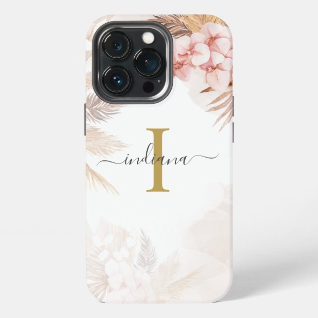 Pampas Grass Monogram Name Initial Terracotta iPhone Case (Back)
