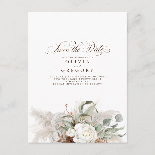 Pampas Grass Natural Floral Boho Save the Date Announcement Postcard (Front)