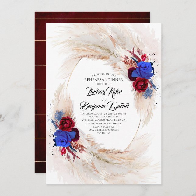 Pampas Grass Navy Blue and Red Rehearsal Dinner Invitation (Front/Back)