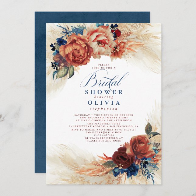 Pampas Grass Navy Blue Terracotta Bridal Shower Invitation (Front/Back)