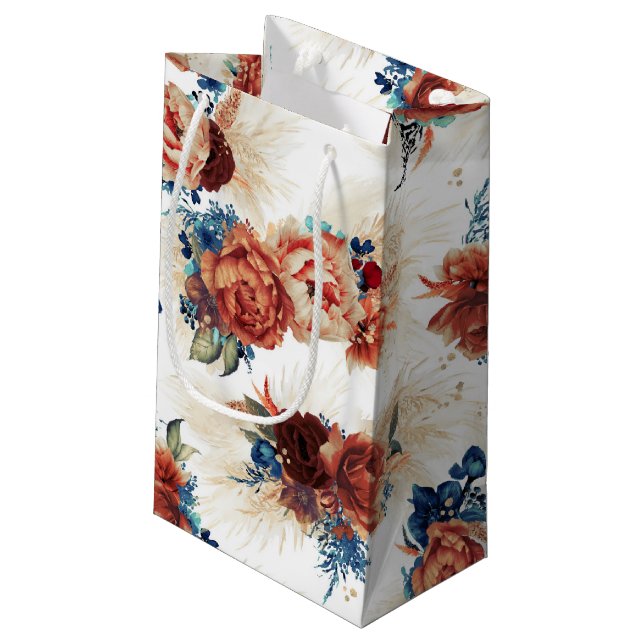 Pampas Grass Navy Blue Terracotta Floral Elegant Small Gift Bag (Back Angled)