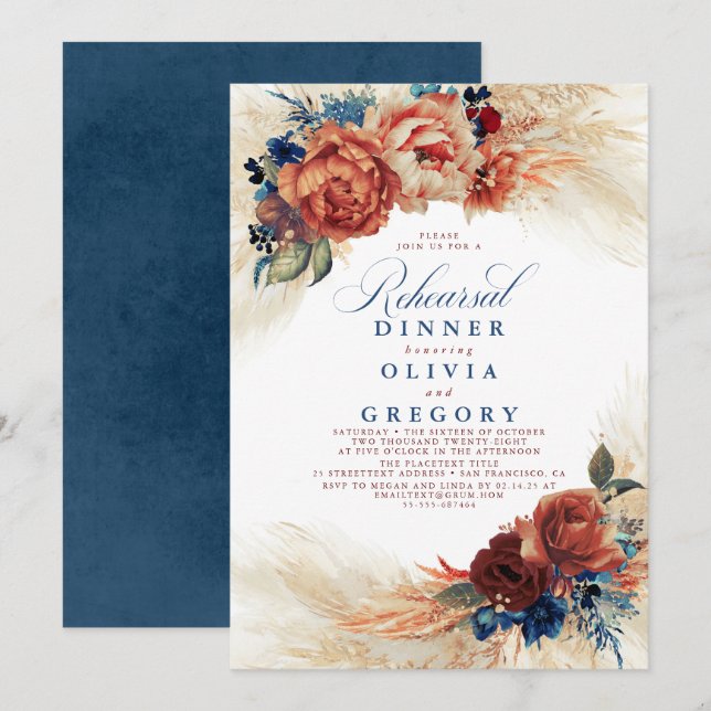 Pampas Grass Navy Blue Terracotta Rehearsal Dinner Invitation (Front/Back)