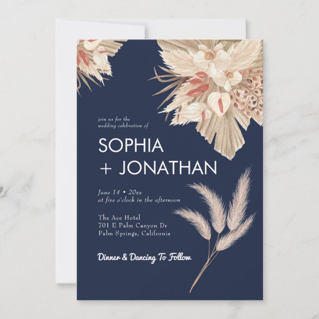 Pampas Grass Navy Blue Wedding Modern Chic Invitation (Front)