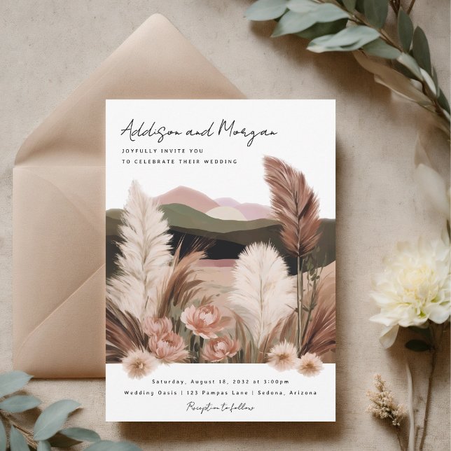 Pampas Grass Neutral Desert Landscape Boho Wedding Invitation (Boho wedding invitation terracotta pampas grass desert landscape watercolor hand painted invite)