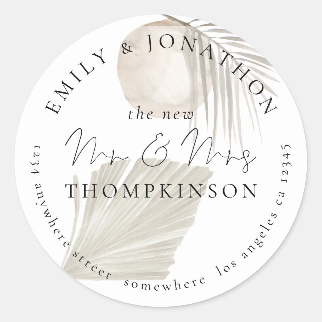 Pampas Grass Newlyweds Return Name Address Classic Round Sticker (Front)