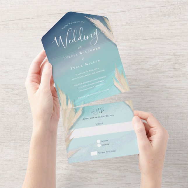 Pampas Grass Ocean Beach Wedding All In One Invitation (Tearaway)