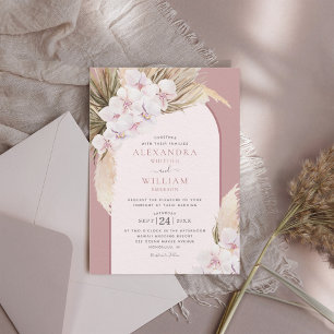 Pampas Grass Orchids Dusty Rose Tropical Wedding Invitation