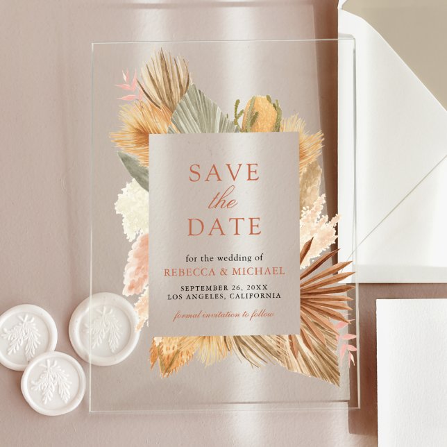 Pampas Grass Palm Leaves Wedding Save the Date Acrylic Invitations (Creator Uploaded)