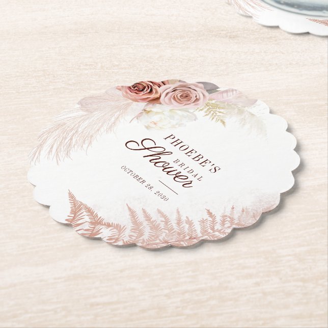 Pampas Grass Palms Terracotta Script Bridal Shower Paper Coaster (Angled)
