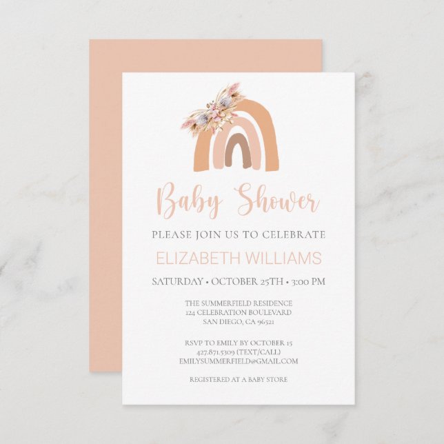 Pampas Grass Pastel Pink Rainbow Baby Shower Invit Invitation (Front/Back)