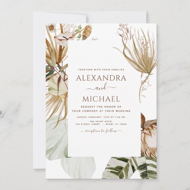 Pampas Grass Photo Bohemian Boho Tropical Wedding Invitation (Front)