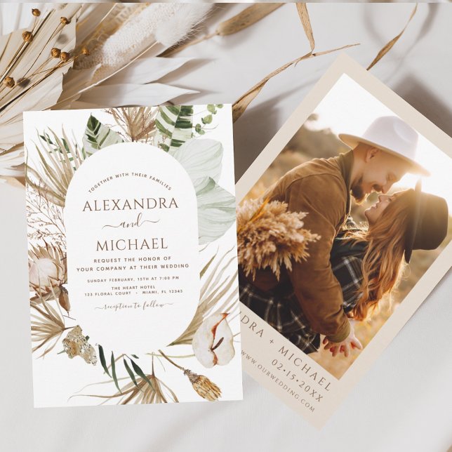 Pampas Grass Photo Bohemian Boho Tropical Wedding Invitation (Creator Uploaded)