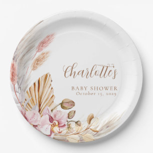 Pampas Grass Pink Brown Floral   Baby Shower  Paper Plate