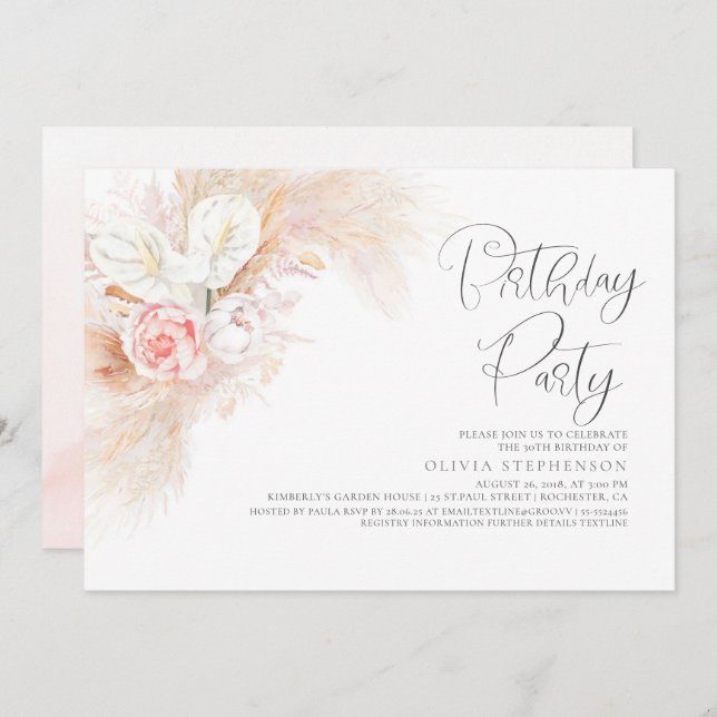 Pampas Grass Pink Floral Any Age Birthday Invitation (Front/Back)