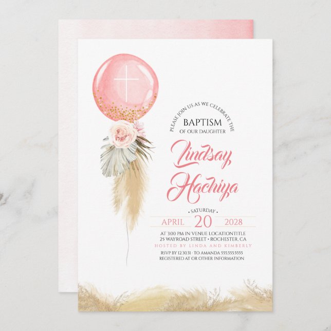 Pampas Grass Pink Floral Balloon Baptism Invitation (Front/Back)