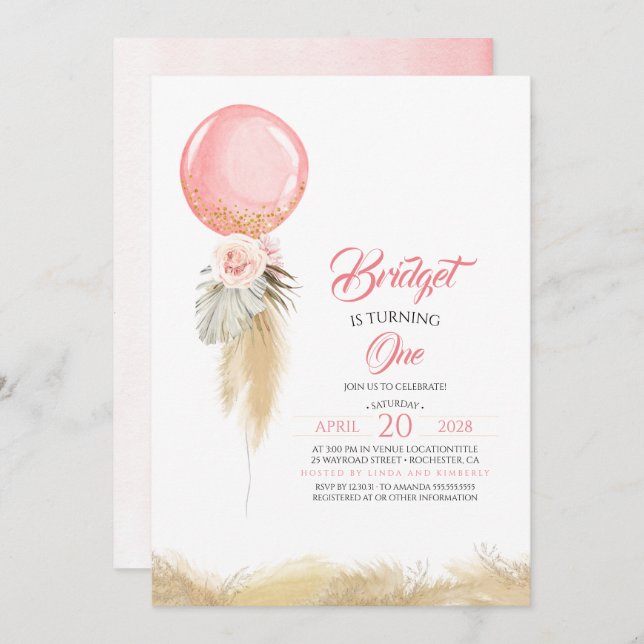 Pampas Grass Pink Floral Balloon Exotic Birthday Invitation (Front/Back)