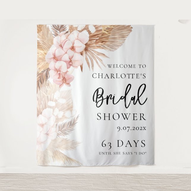 Pampas Grass Pink Floral Bridal Shower Welcome Tapestry (Front)