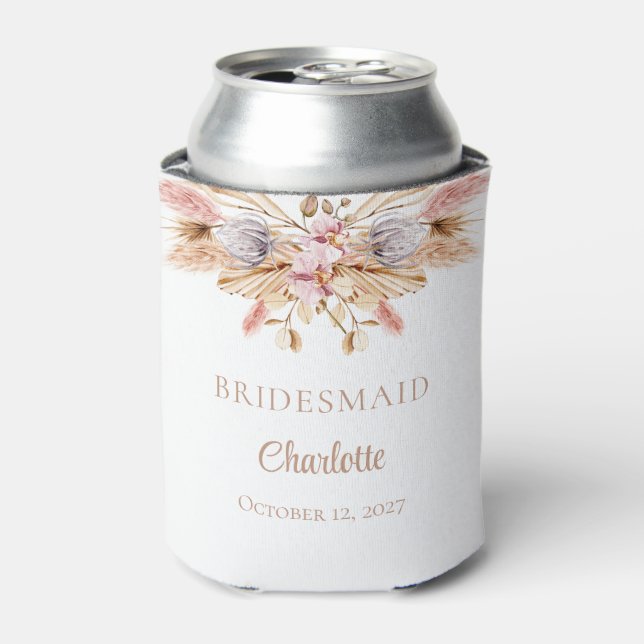 Pampas Grass Pink Floral Bridesmaid Wedding Party Can Cooler (Can Front)