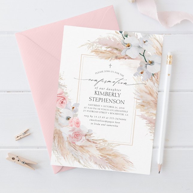 Pampas Grass Pink Floral Confirmation Invitation (Creator Uploaded)