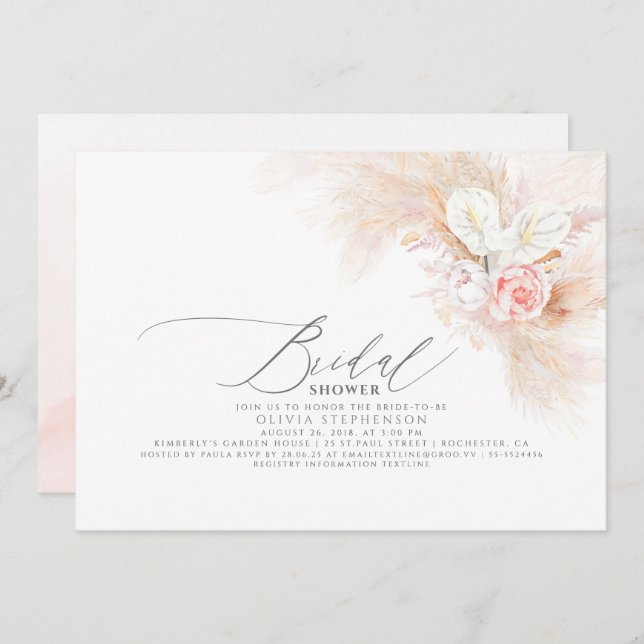 Pampas Grass Pink Floral Exotic Bridal Shower Invitation (Front/Back)