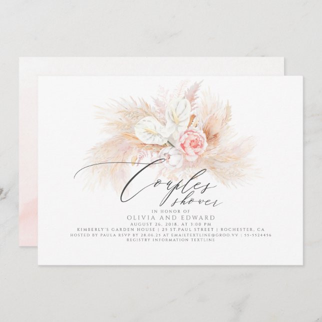 Pampas Grass Pink Floral Exotic Couples Shower Invitation (Front/Back)