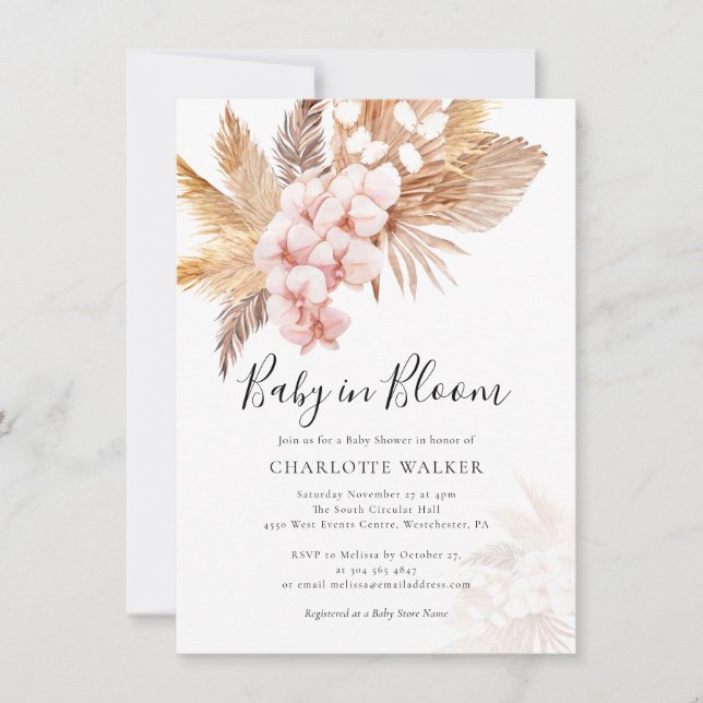 Pampas Grass Pink Floral Fall Baby Shower  Invitation (Front)