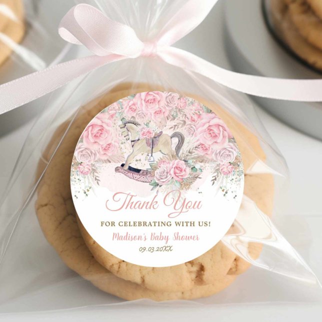 Pampas Grass Pink Floral Rocking Horse Baby Shower Classic Round Sticker (Creator Uploaded)