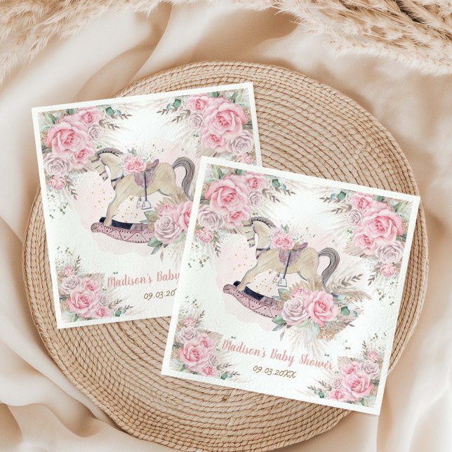 Pampas Grass Pink Floral Rocking Horse Baby Shower Napkin (Creator Uploaded)