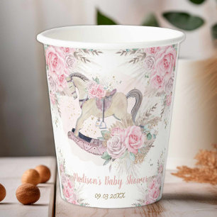 Pampas Grass Pink Floral Rocking Horse Baby Shower Paper Cups