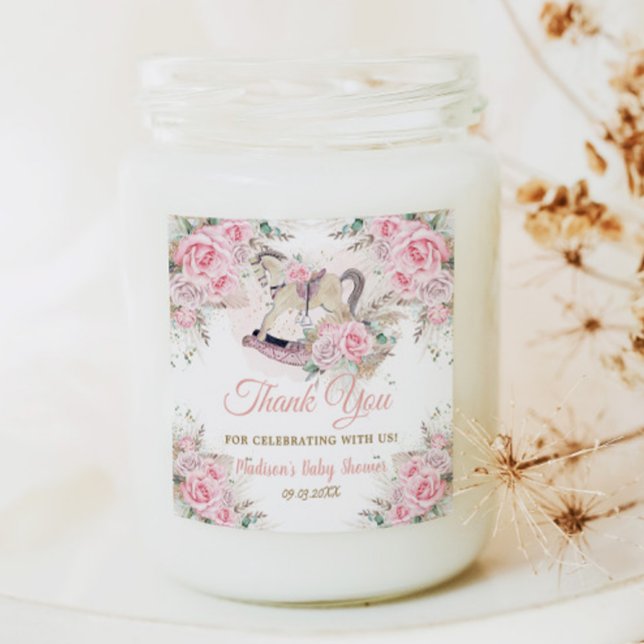 Pampas Grass Pink Floral Rocking Horse Baby Shower Square Sticker (Creator Uploaded)