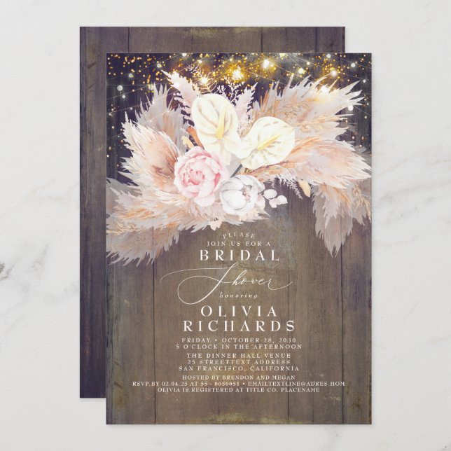 Pampas Grass Pink Floral Rustic Bridal Shower Invitation (Front/Back)