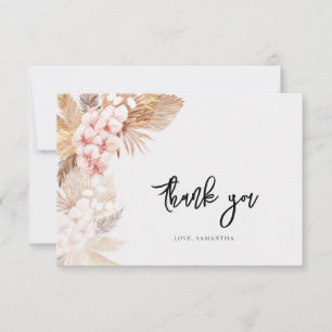Pampas Grass Pink Floral Script Bridal Shower Thank You Card