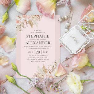 Pampas Grass Pink Floral Wedding Invitation