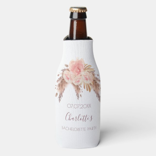 Pampas grass pink florals boho bachelorette party bottle cooler (Bottle Front)