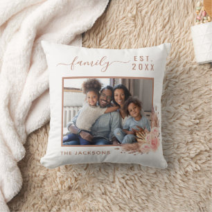 Pampas grass pink florals family photo name script cushion