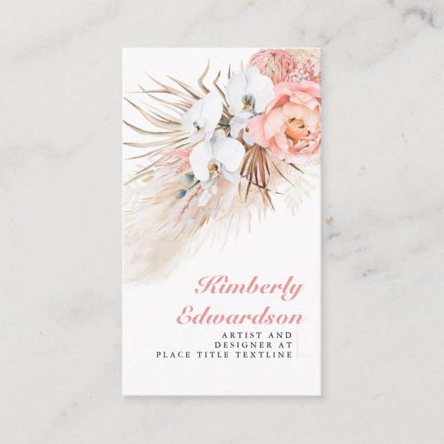 Pampas Grass Pink Flowers White Orchids Chic Business Card (Front)