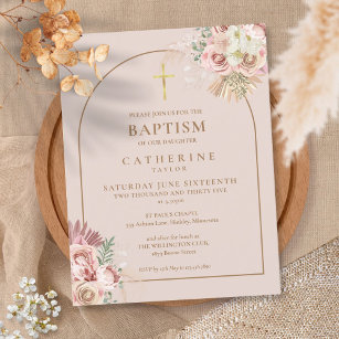 Pampas Grass Pink Gold Arch Baptism Christening  Invitation Postcard