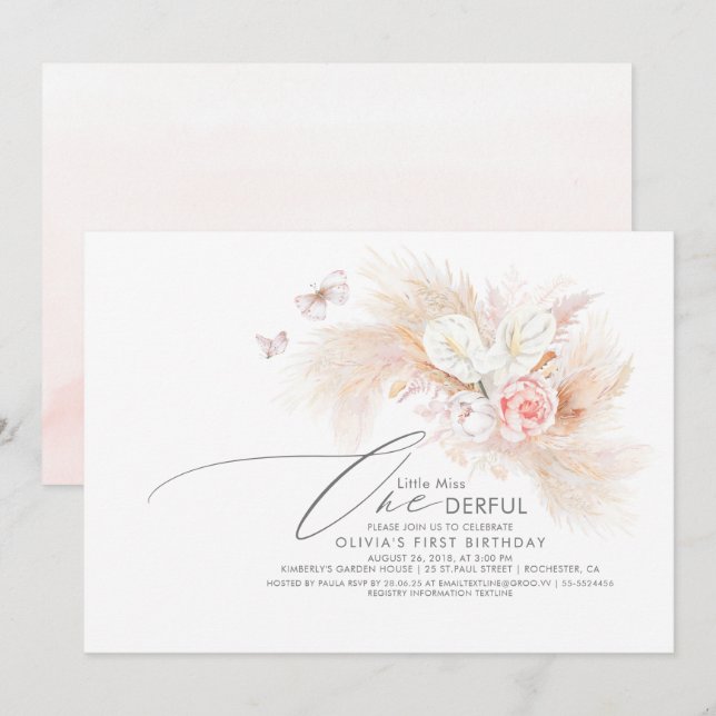 Pampas Grass Pink Little Miss Onederful Birthday Invitation (Front/Back)