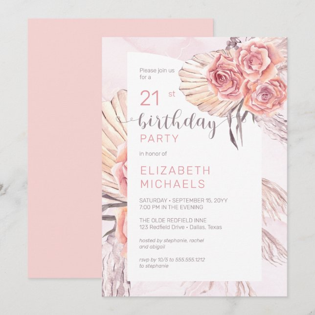 Pampas Grass |Pink Rose Blooms 21st Birthday Party Invitation (Front/Back)