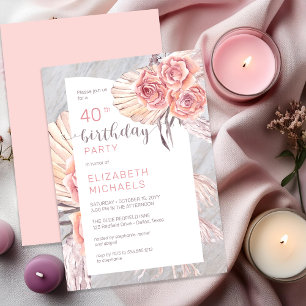 Pampas Grass  Pink Rose Blooms 40th Birthday Party Invitation