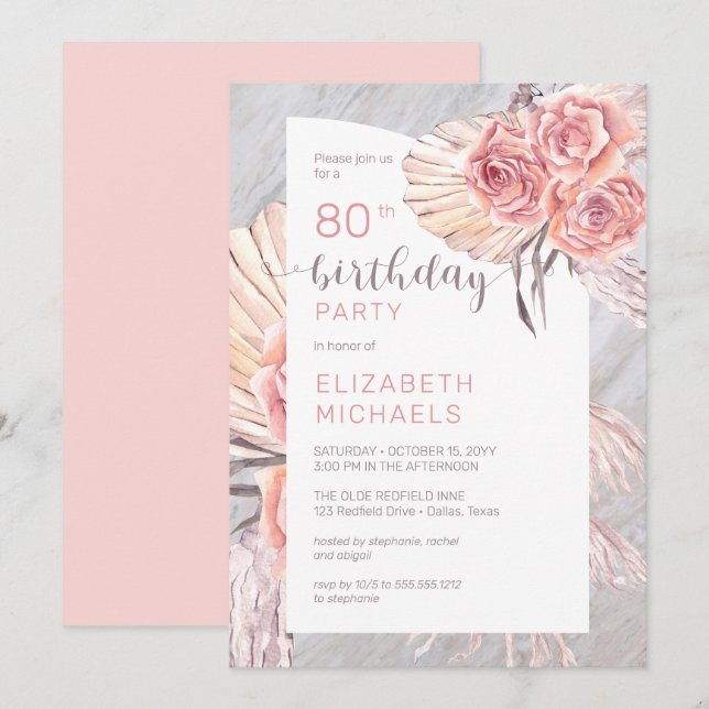 Pampas Grass |Pink Rose Blooms 80th Birthday Party Invitation (Front/Back)