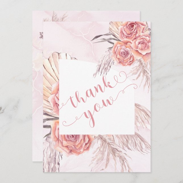Pampas Grass |Pink Rose Blooms Baby Shower Thank You Card (Front/Back)