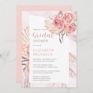 Pampas Grass   Pink Rose Blooms Bridal Shower Invitation