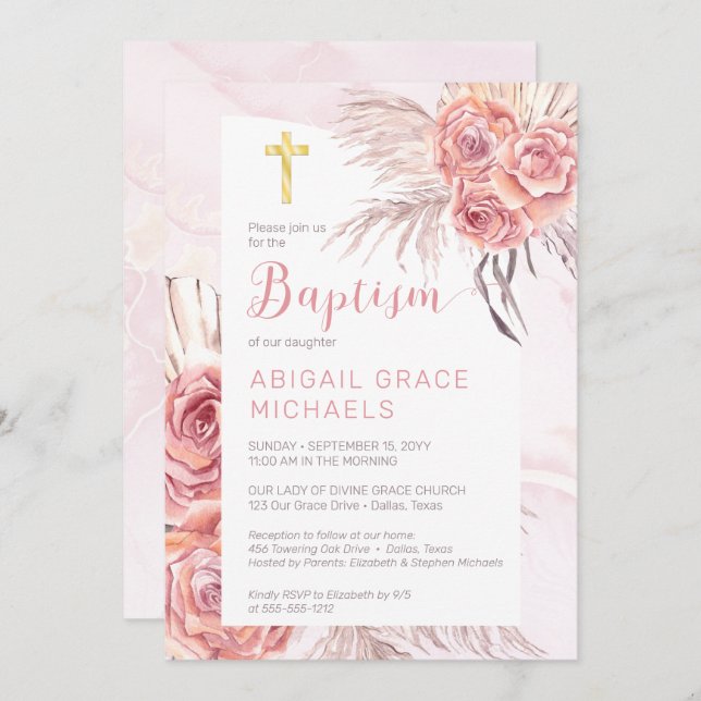 Pampas Grass |Pink Rose Blooms Girl Baby Baptism I Invitation (Front/Back)