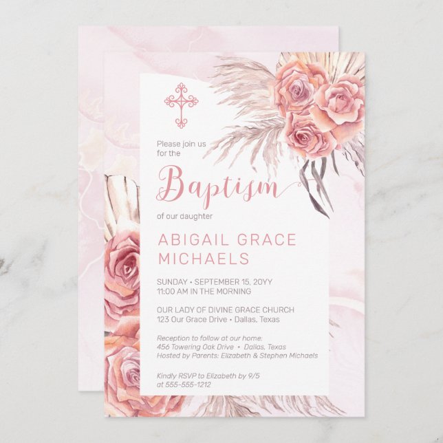 Pampas Grass |Pink Rose Blooms Girl Baby Baptism Invitation (Front/Back)