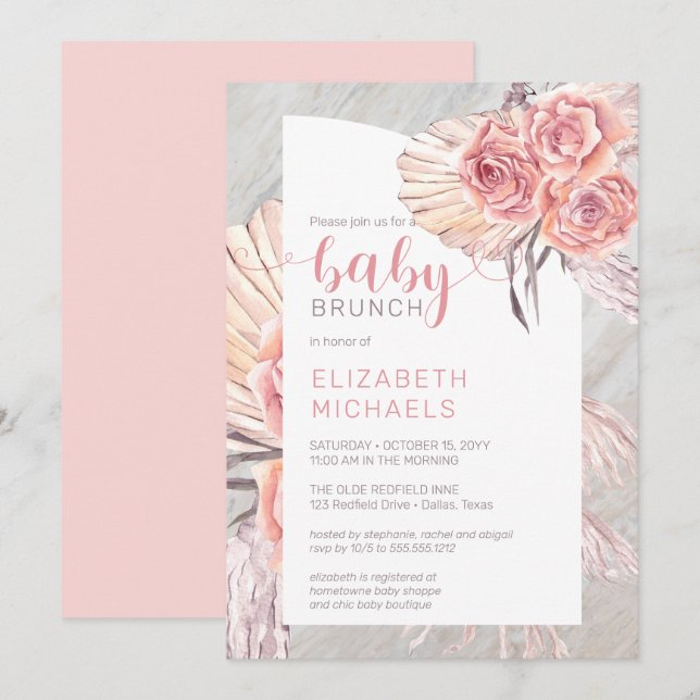 Pampas Grass |Pink Rose Blooms Girl Baby Brunch In Invitation (Front/Back)
